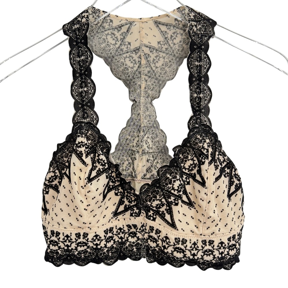 Intimately Free People Snow Globe Bralette Size L Black Nude Lace Racerback Bra